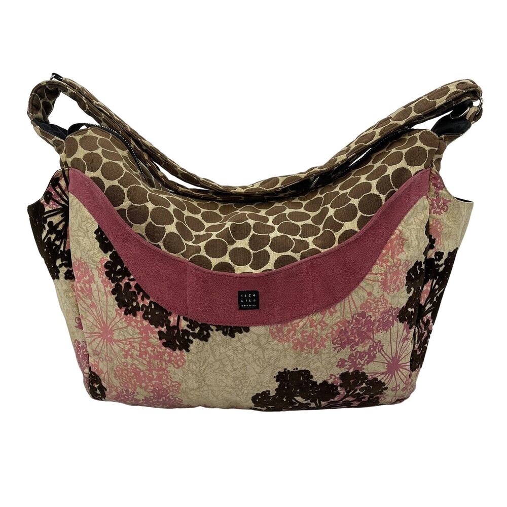 1154 Lill Studio Custom Pink & Brown Floral & Polka Dot Diaper Bag 20" x 14"